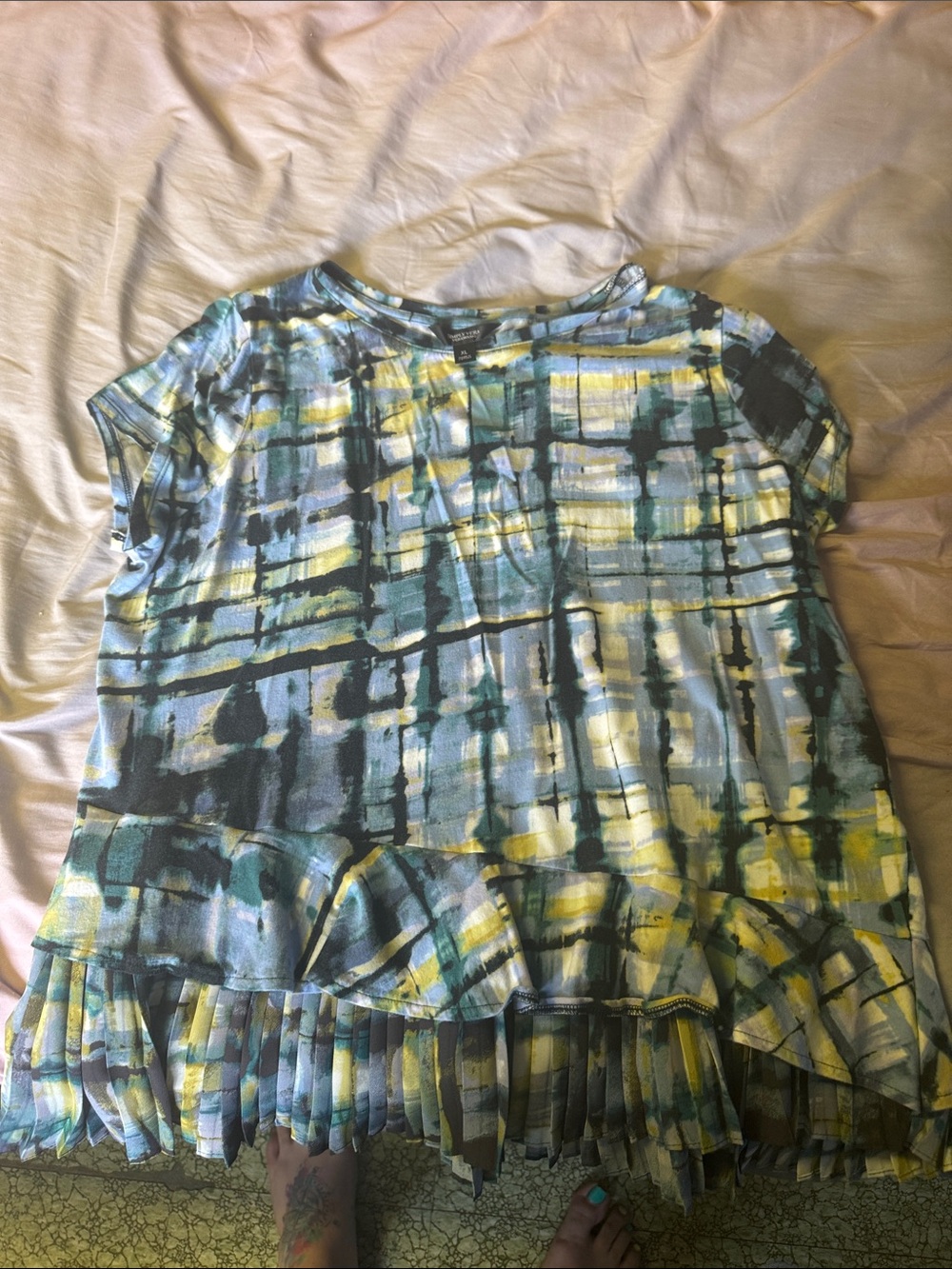 Simply Vera Vera Wang Teal, Yellow and Black Abstract Plaid Ruffle-Hem Blouse